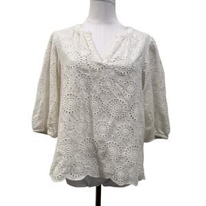On 34th Eyelet Embroidered Blouse Womens Medium White 100% Cotton Boho Cottage
